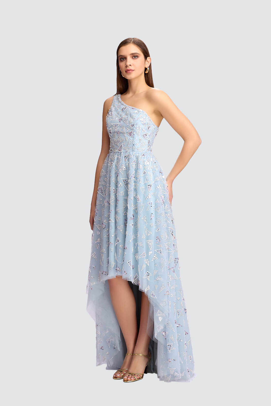 One-Shoulder High-Low Embellished Gown-0
