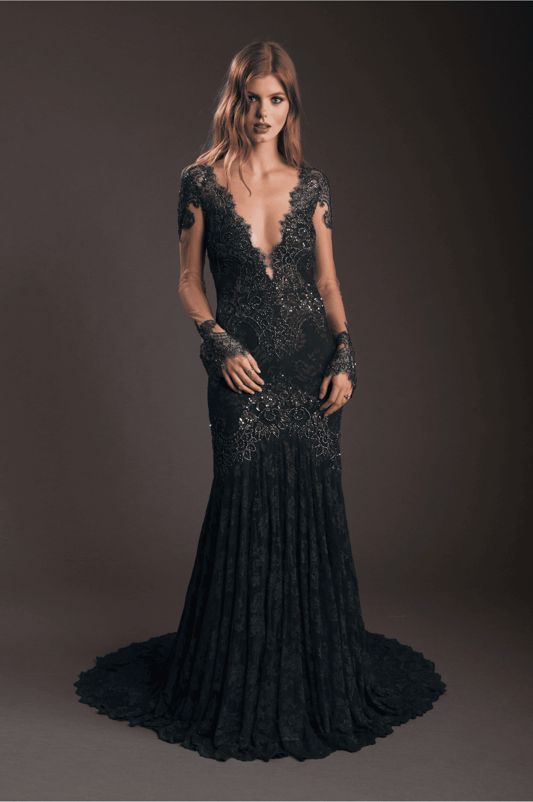 Elegant Black Lace Gown with Sequins-0