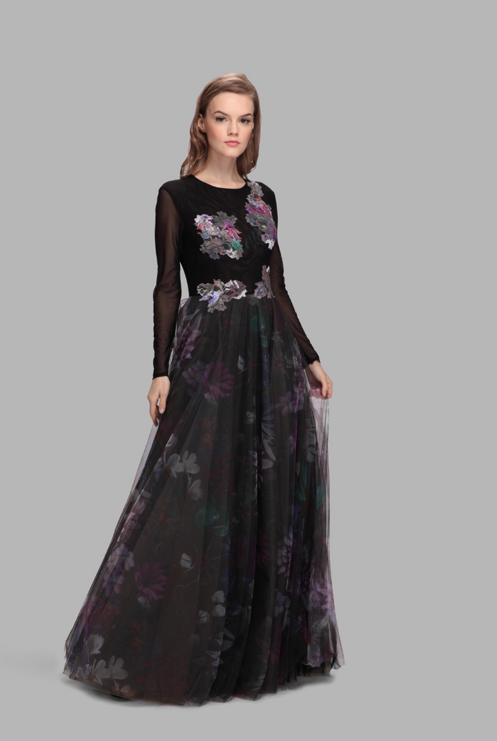 Floral long tulle full-length mesh gown-1