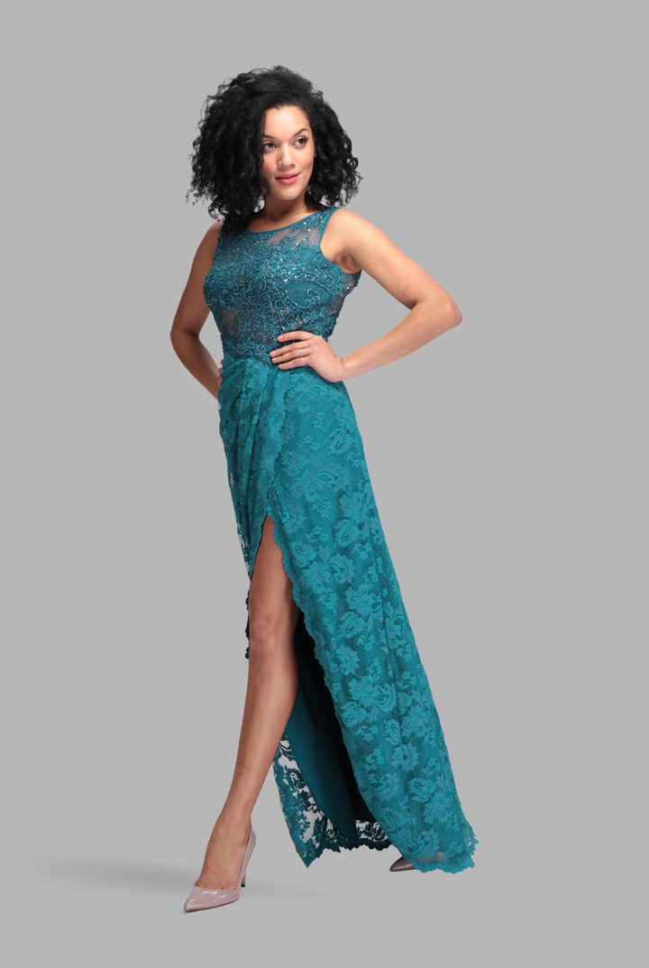 Embellished emerald green slit gown-0