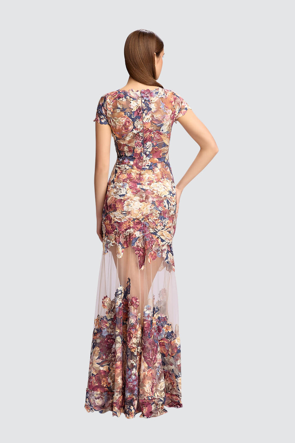 Floral Appliqué Illusion Gown-1