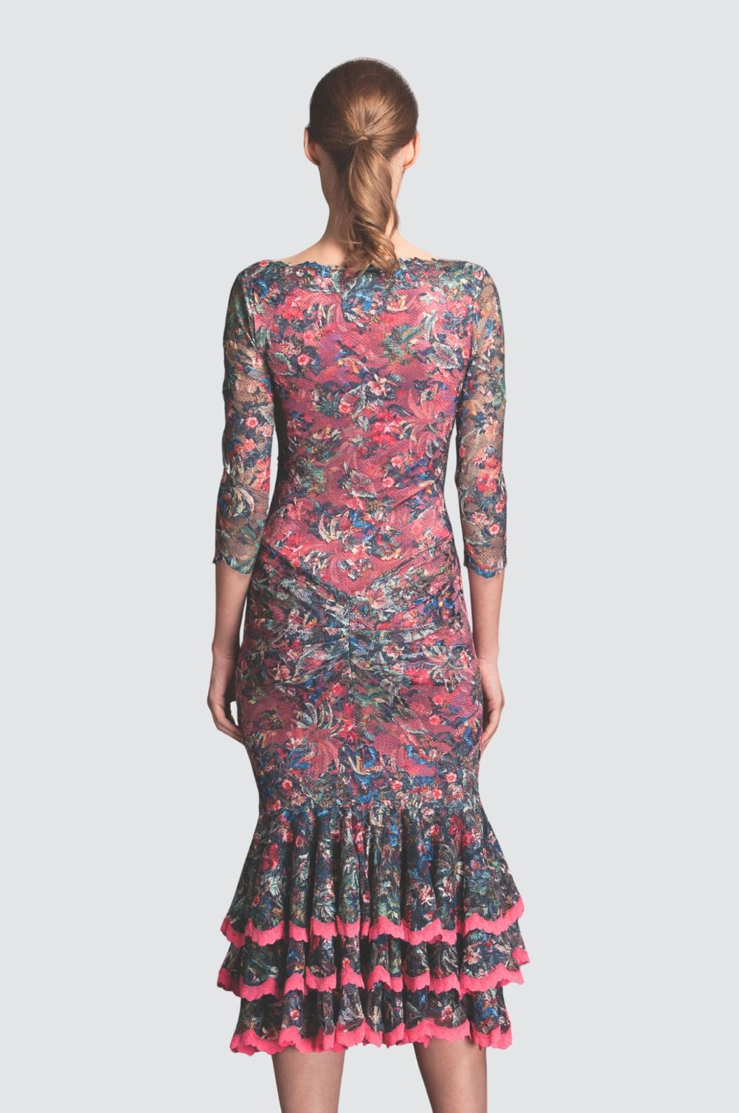 Vibrant Floral Lace Ruffle Midi Dress