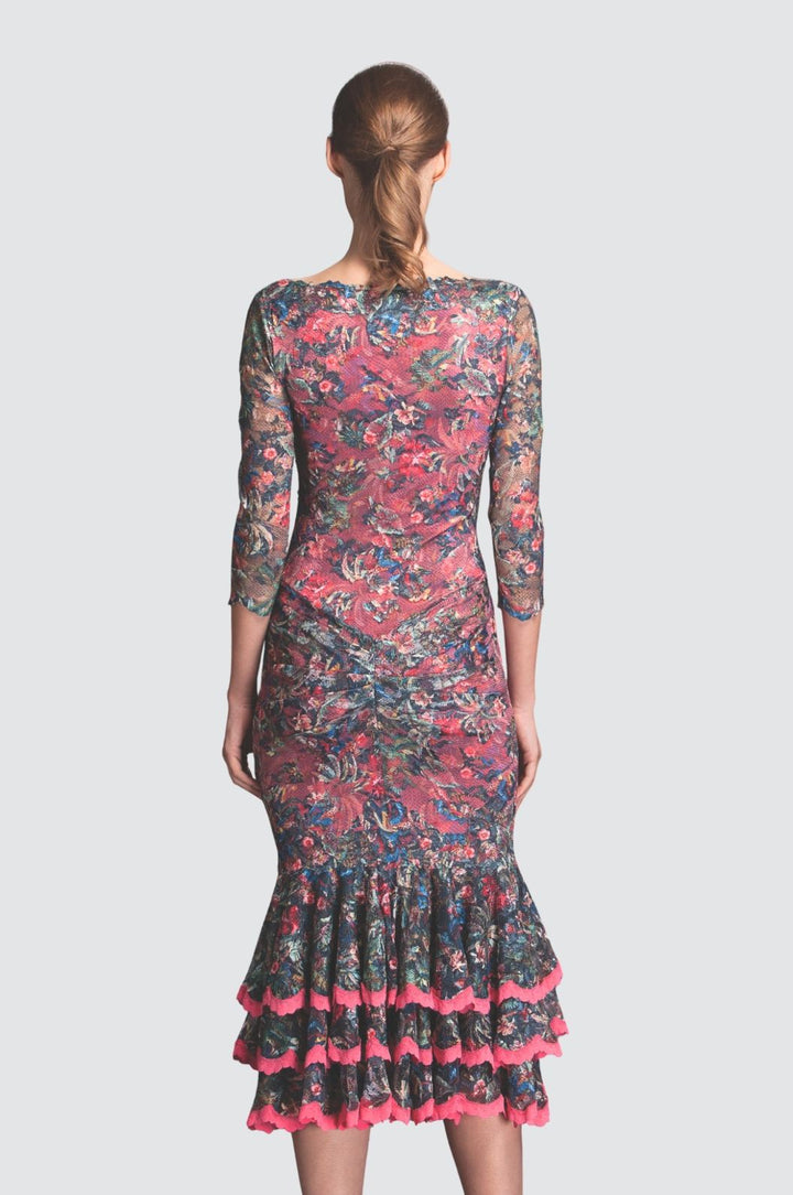 Vibrant Floral Lace Ruffle Midi Dress
