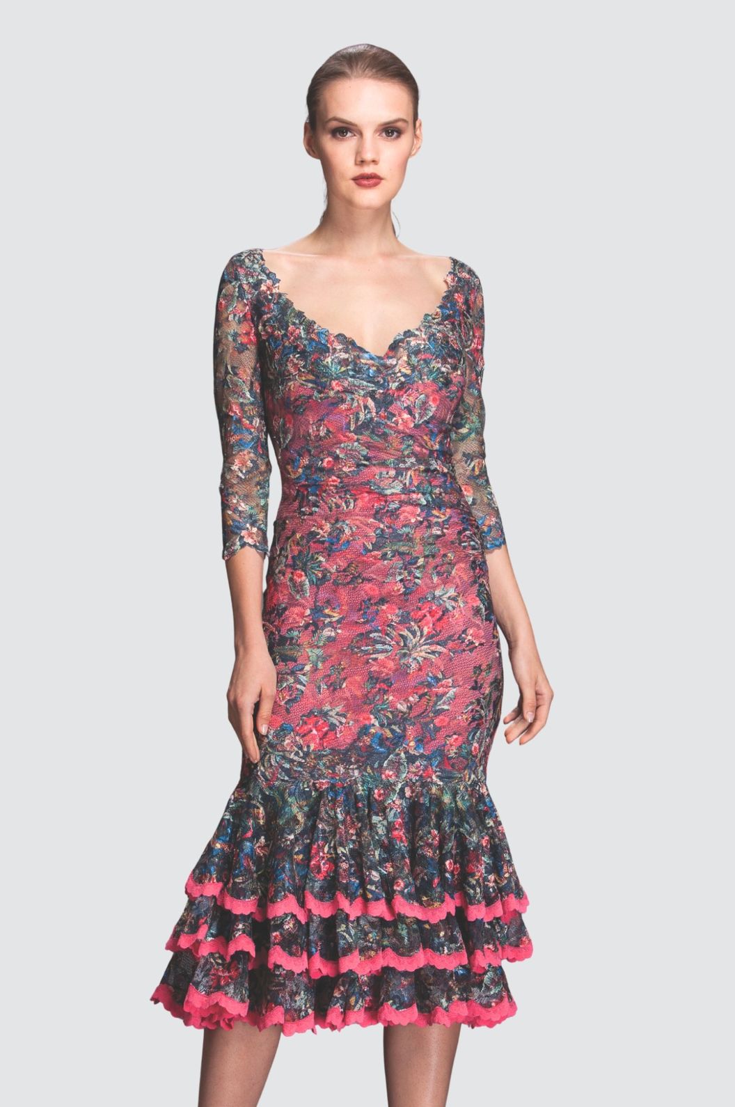 Vibrant Floral Lace Ruffle Midi Dress