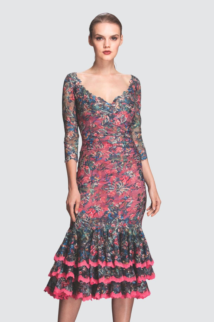 Vibrant Floral Lace Ruffle Midi Dress