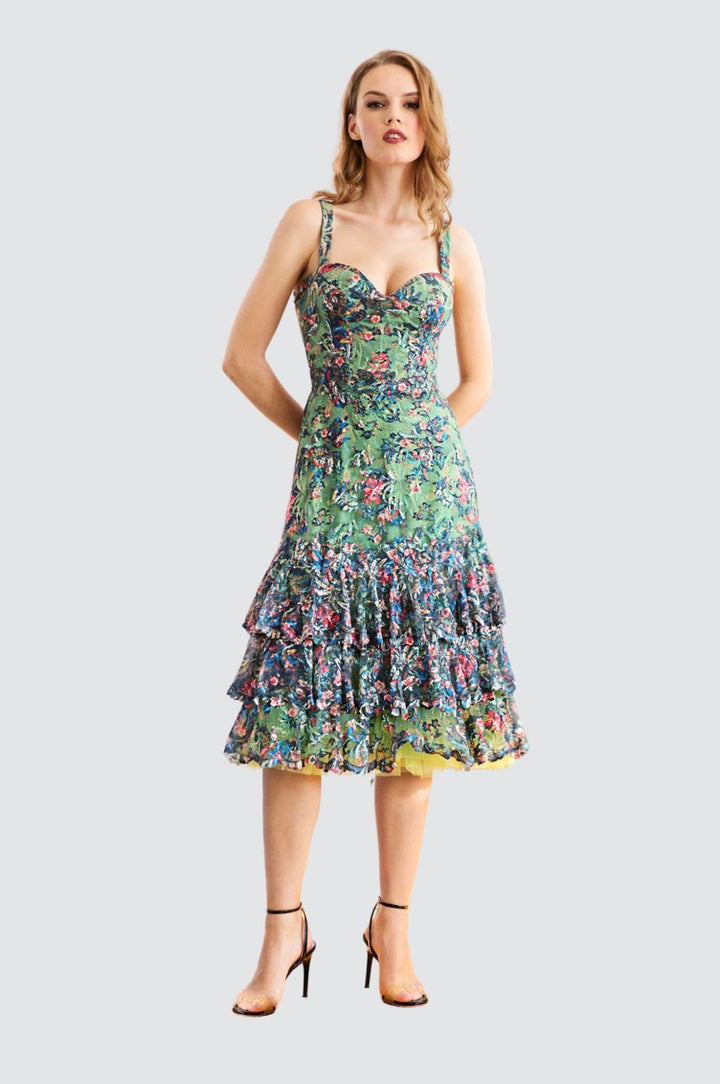 Floral Embroidered Ruffle Midi Dress