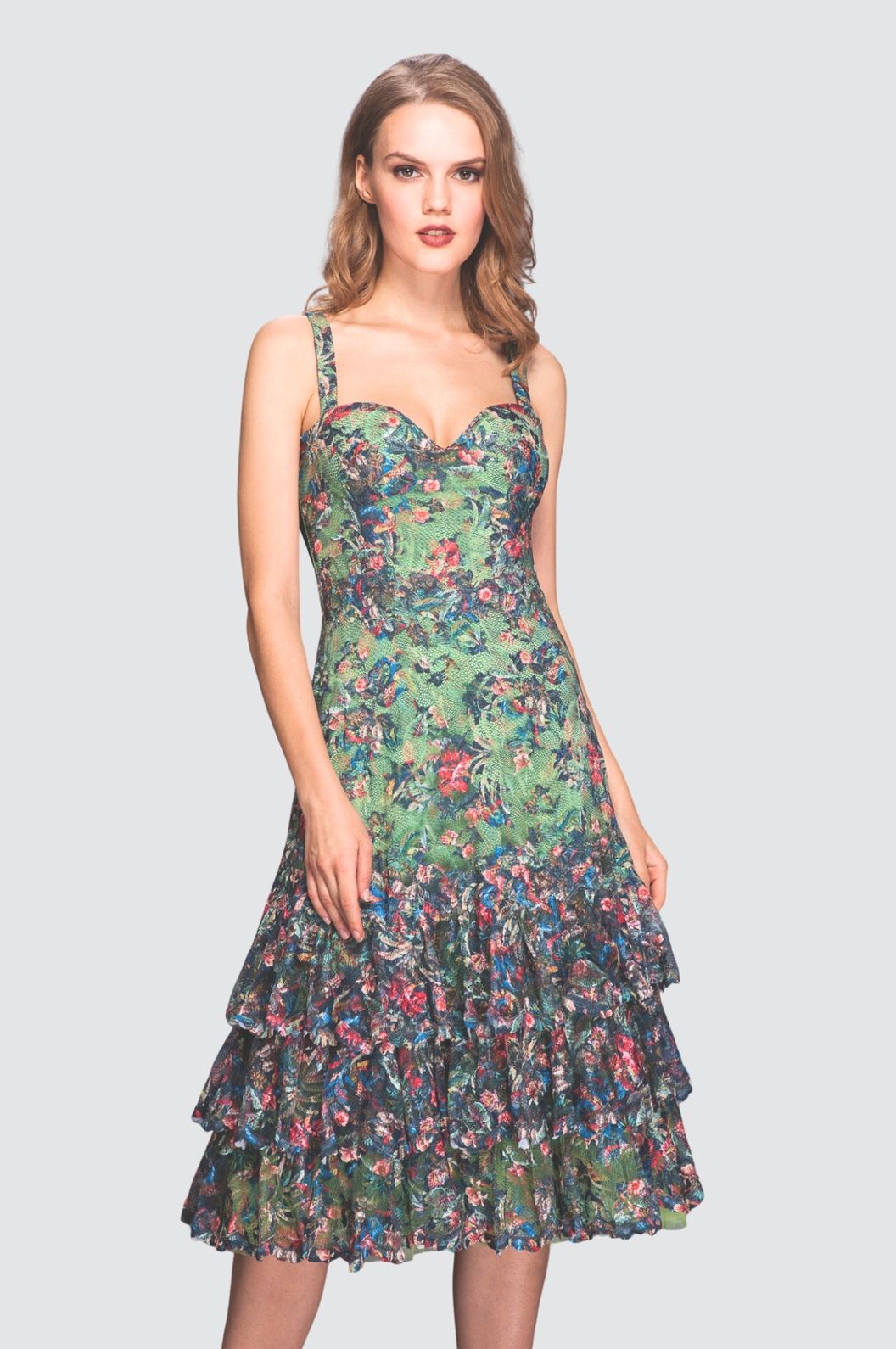 Floral Embroidered Ruffle Midi Dress