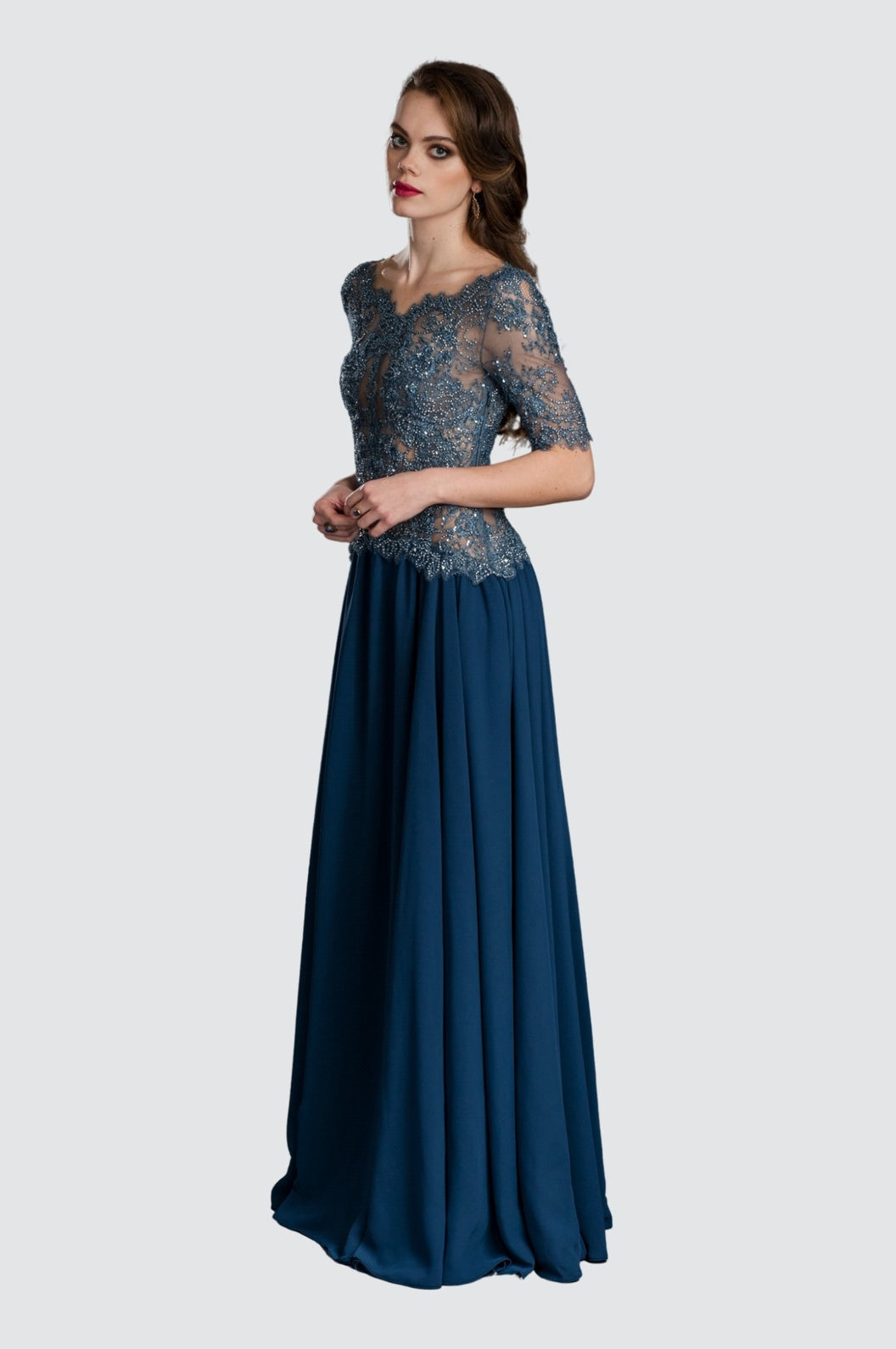 Elegant Sequined Embroidered Bodice Chiffon Gown