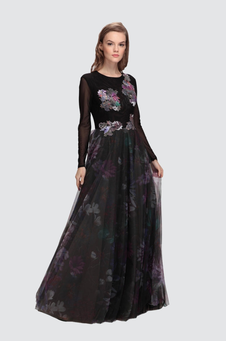 Floral Long Tulle Mesh Gown