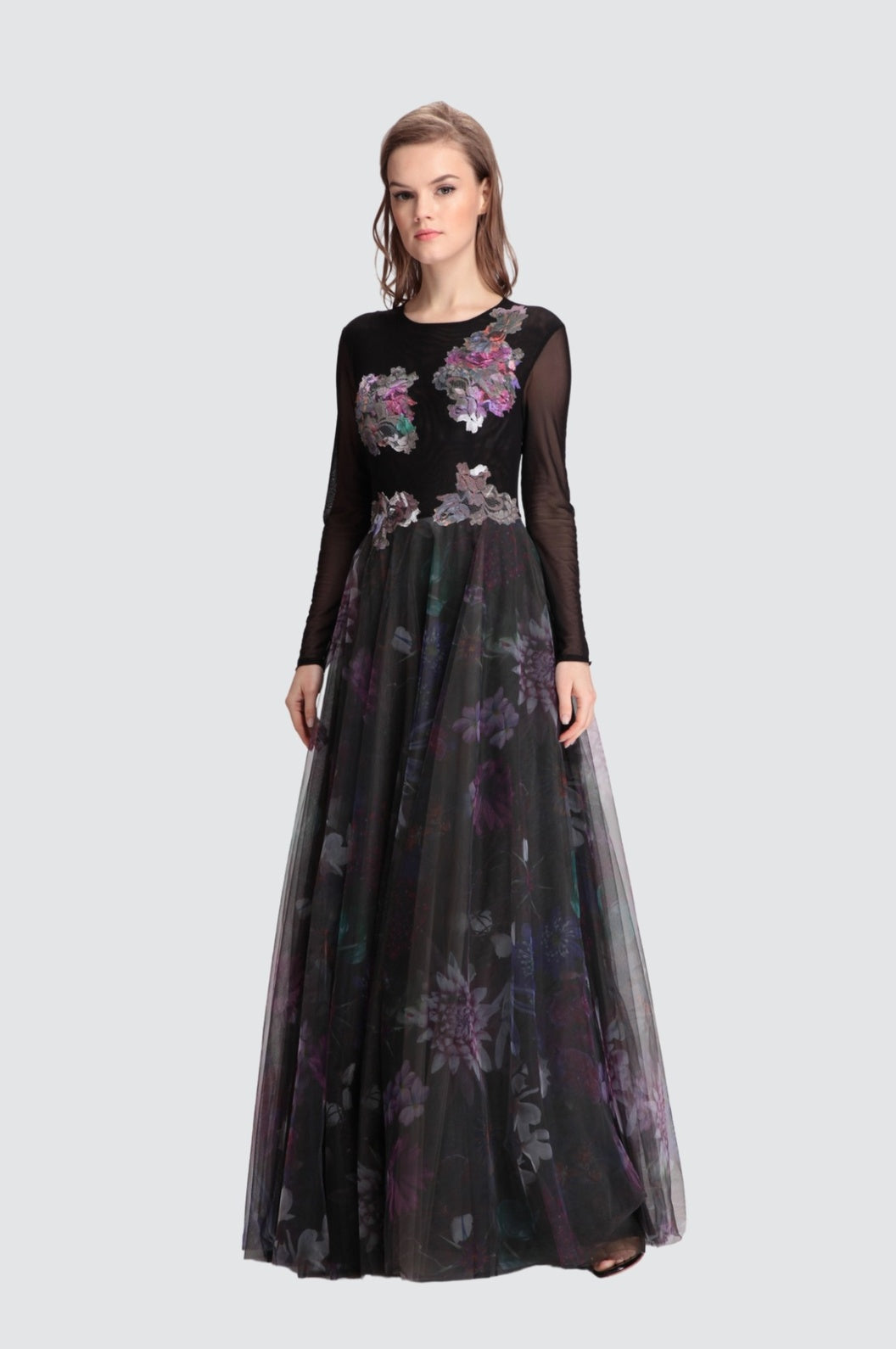 Floral Long Tulle Mesh Gown