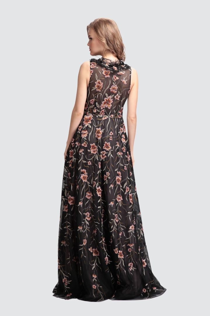 Tulle Sleeveless Gown with Hand-Embroidery