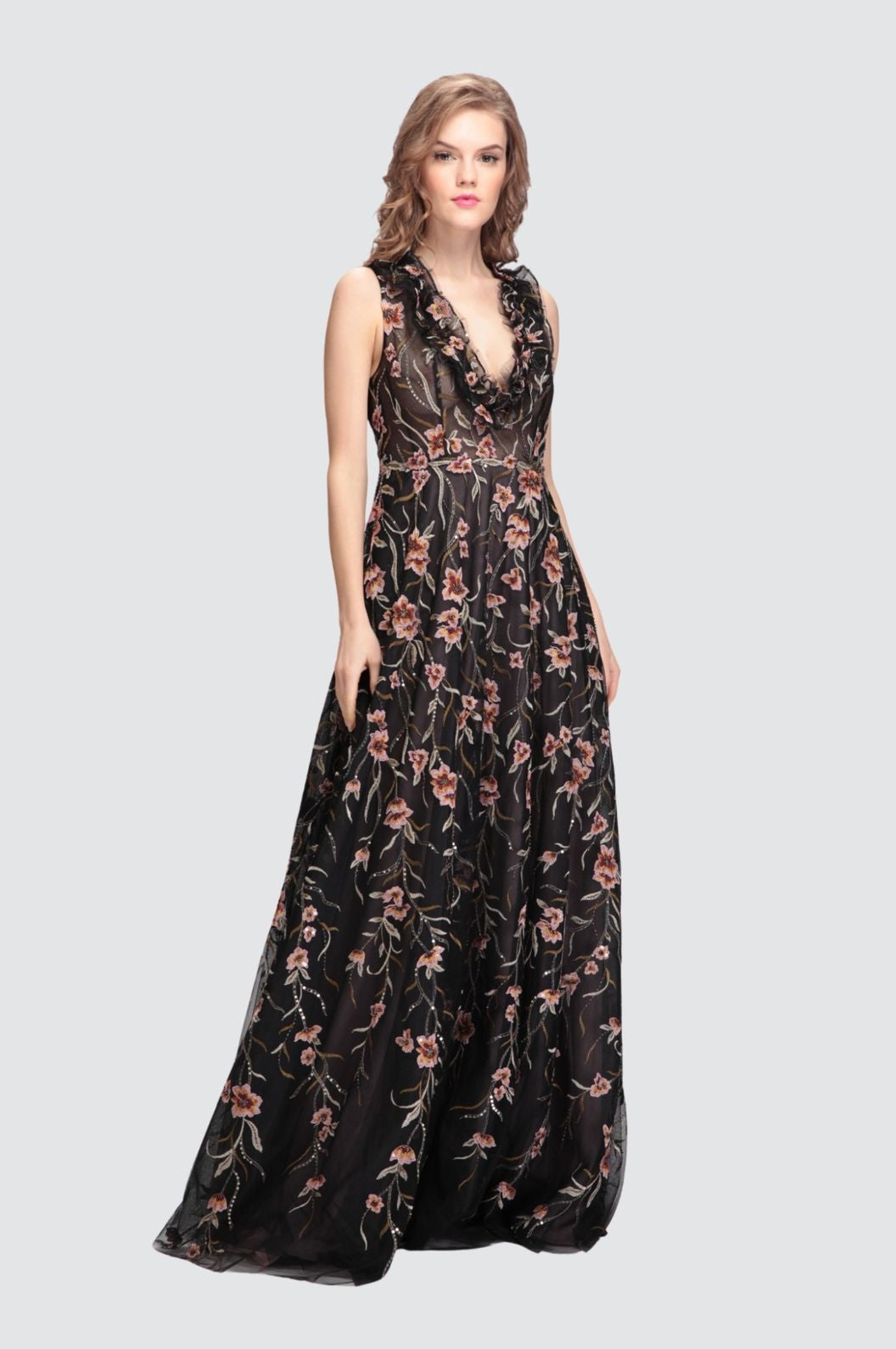 Tulle Sleeveless Gown with Hand-Embroidery
