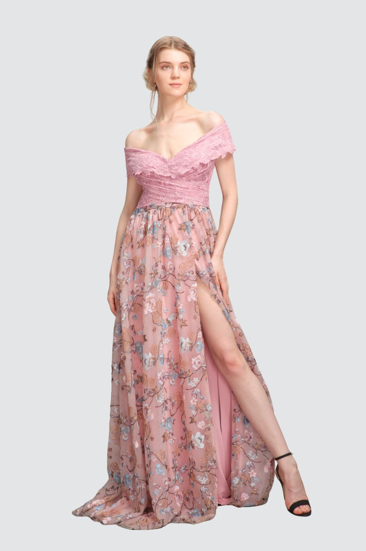 Off-Shoulder Wrapped Neckline Thigh Slit Dress