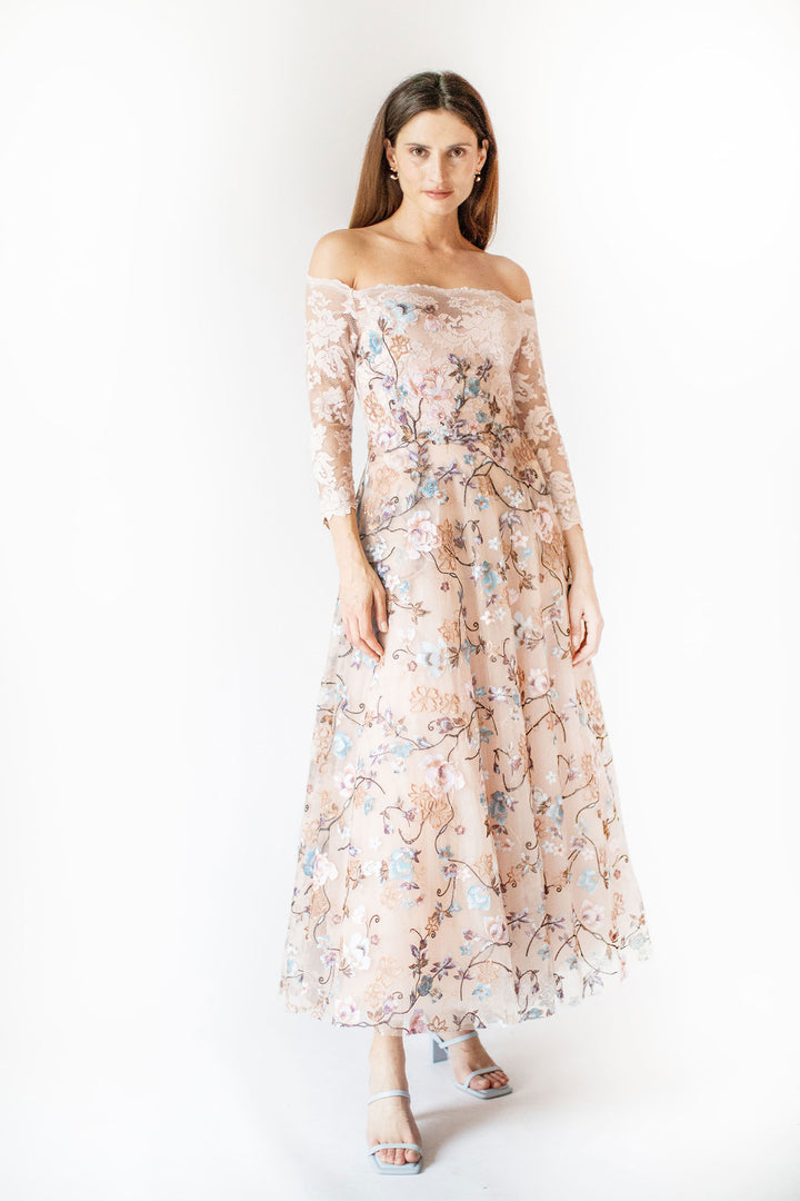 Embroidery Off-Shoulder Midi Dress