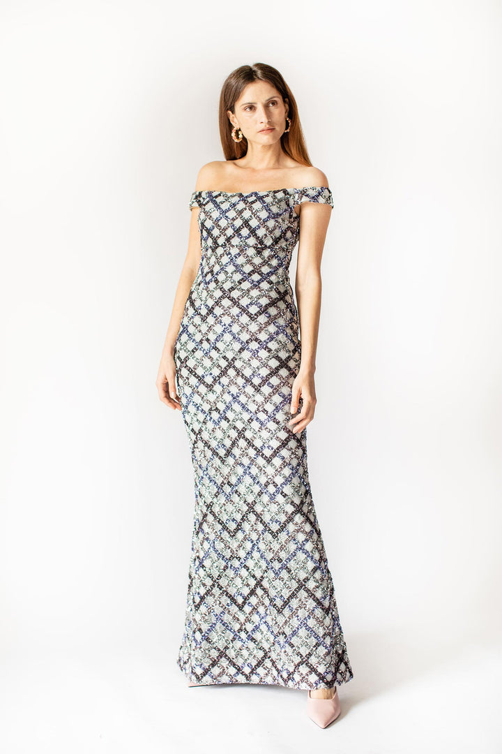 Stellar Grey Shoulder Sequins Gown