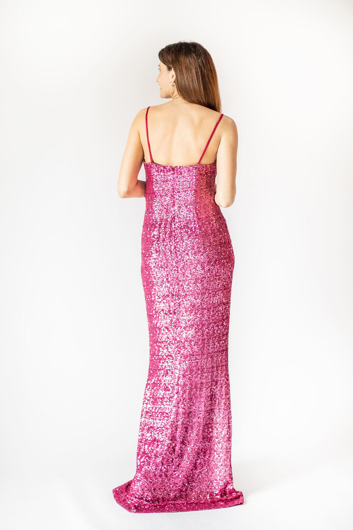 Vibrant Pink Shoulder Straps Sequins Gown