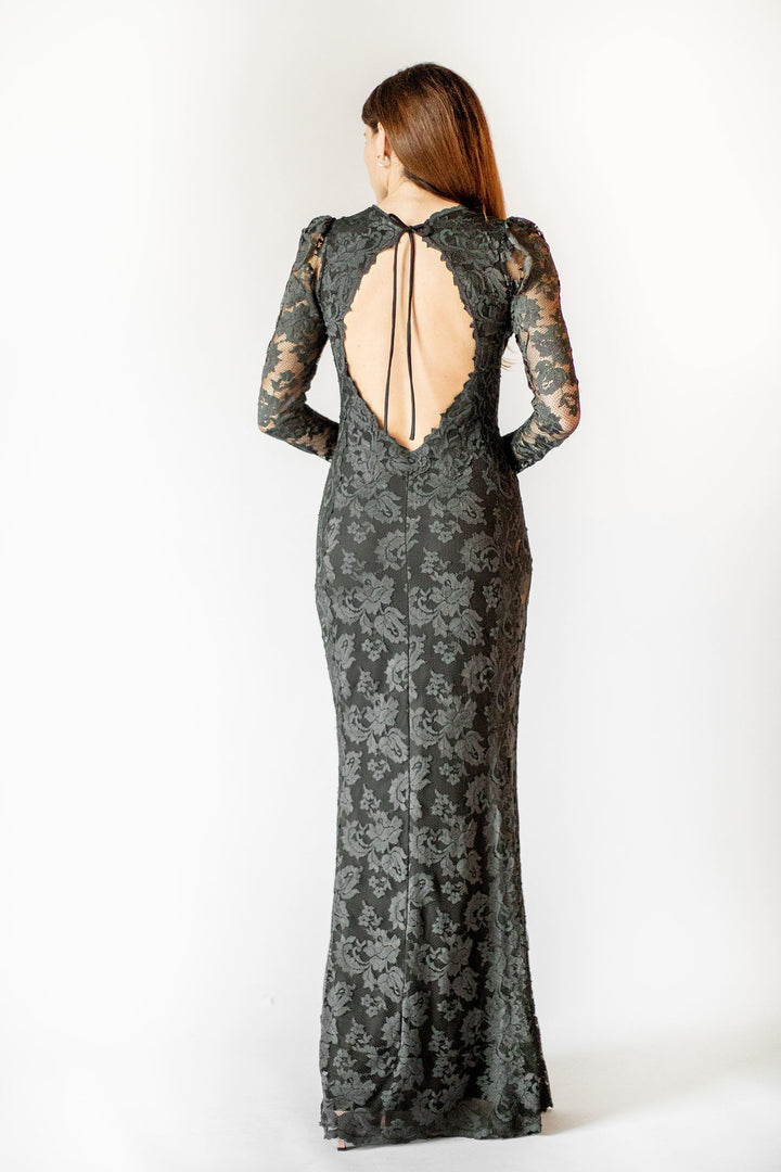 Mystic Grey Full Sleeve Lace Gown