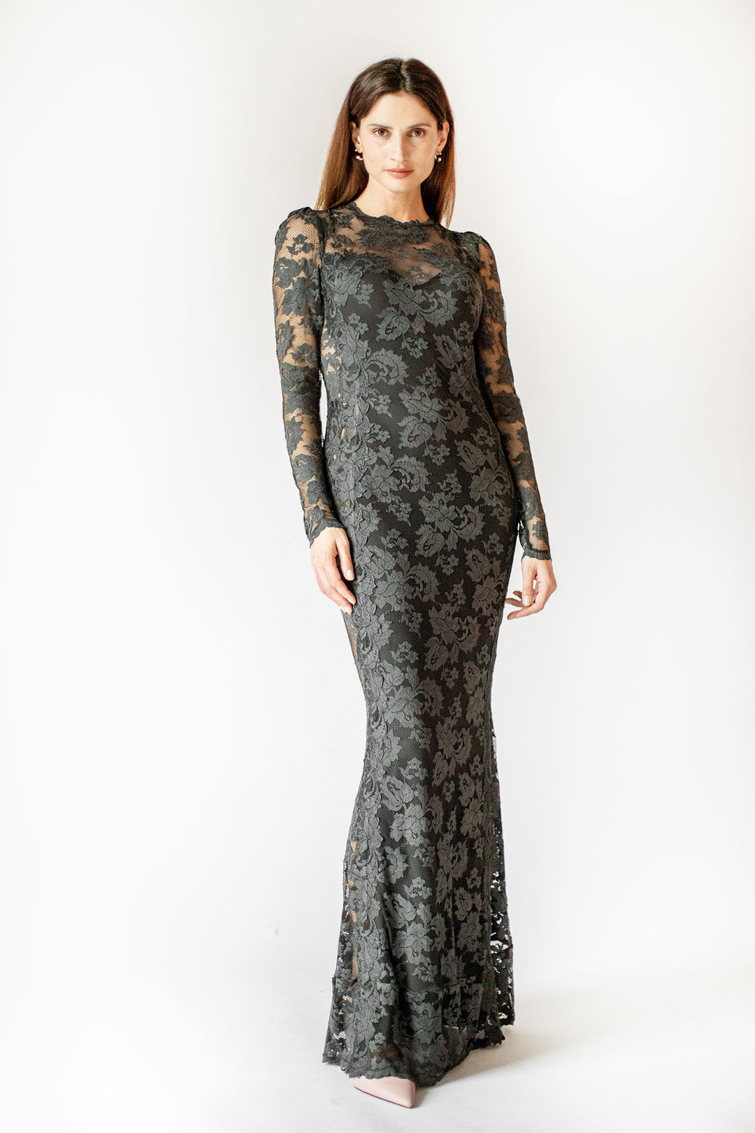 Mystic Grey Full Sleeve Lace Gown