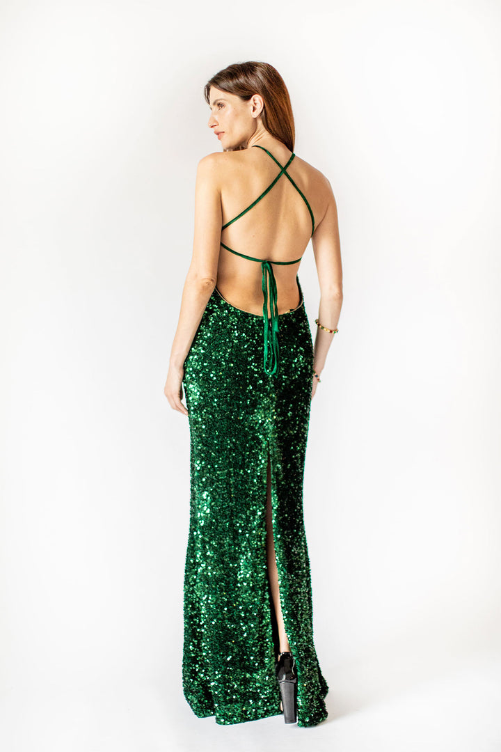 Emerald Bloom Sequin Gown with Floral Neck Appliqué