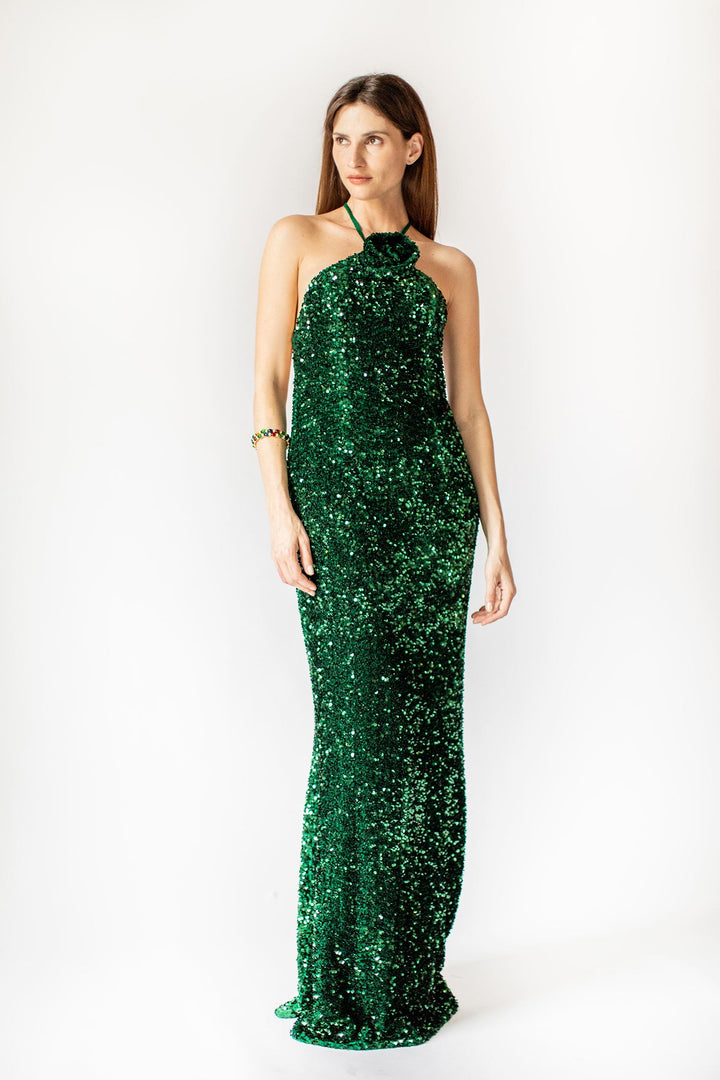 Emerald Bloom Sequin Gown with Floral Neck Appliqué