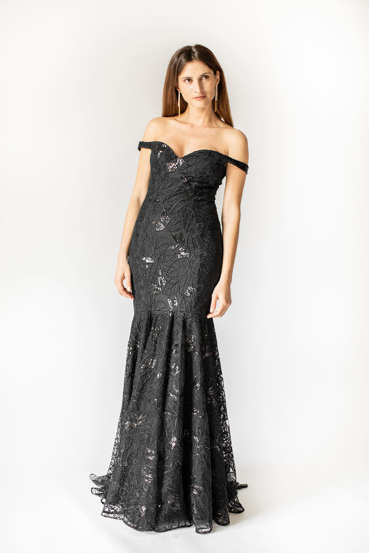 Noir Petal Off-Shoulder Mermaid Gown