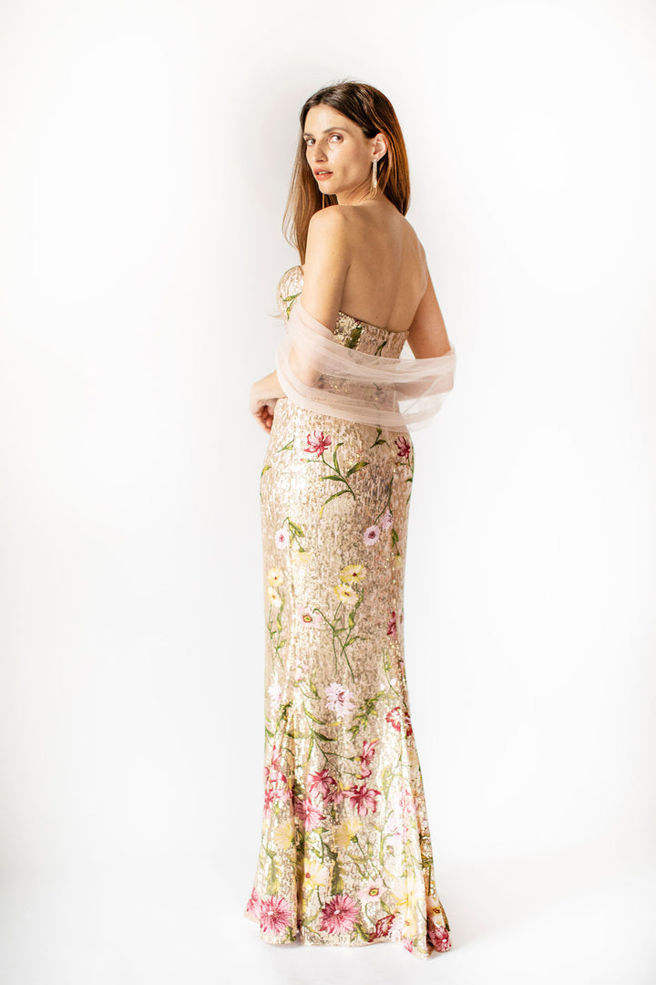 Celestial Bloom Strapless Gold Gown with Draped Back