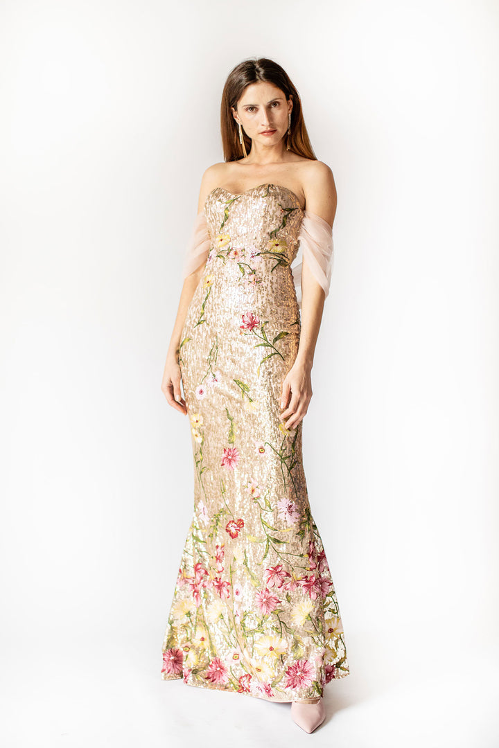 Celestial Bloom Strapless Gold Gown with Draped Back