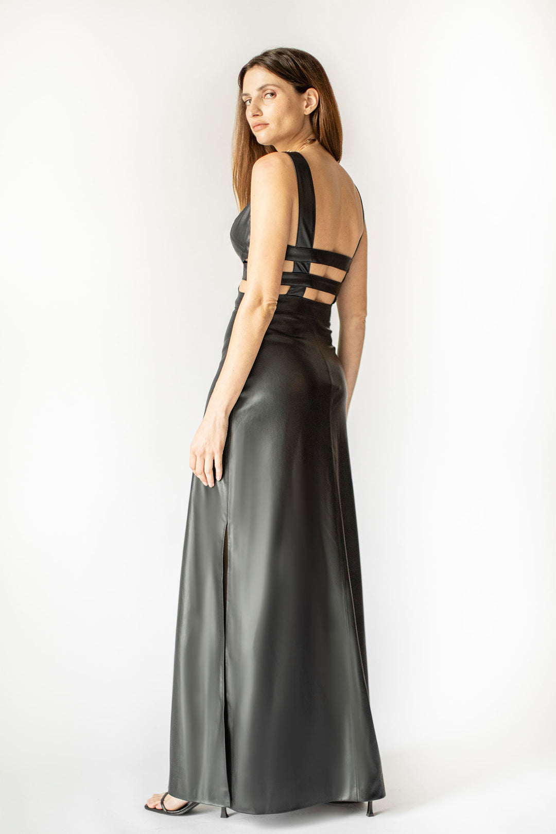Edgy Cut Out Vegan Leather Long Dress