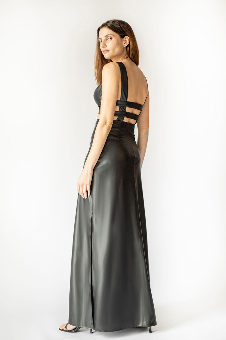 Edgy Cut Out Vegan Leather Long Dress