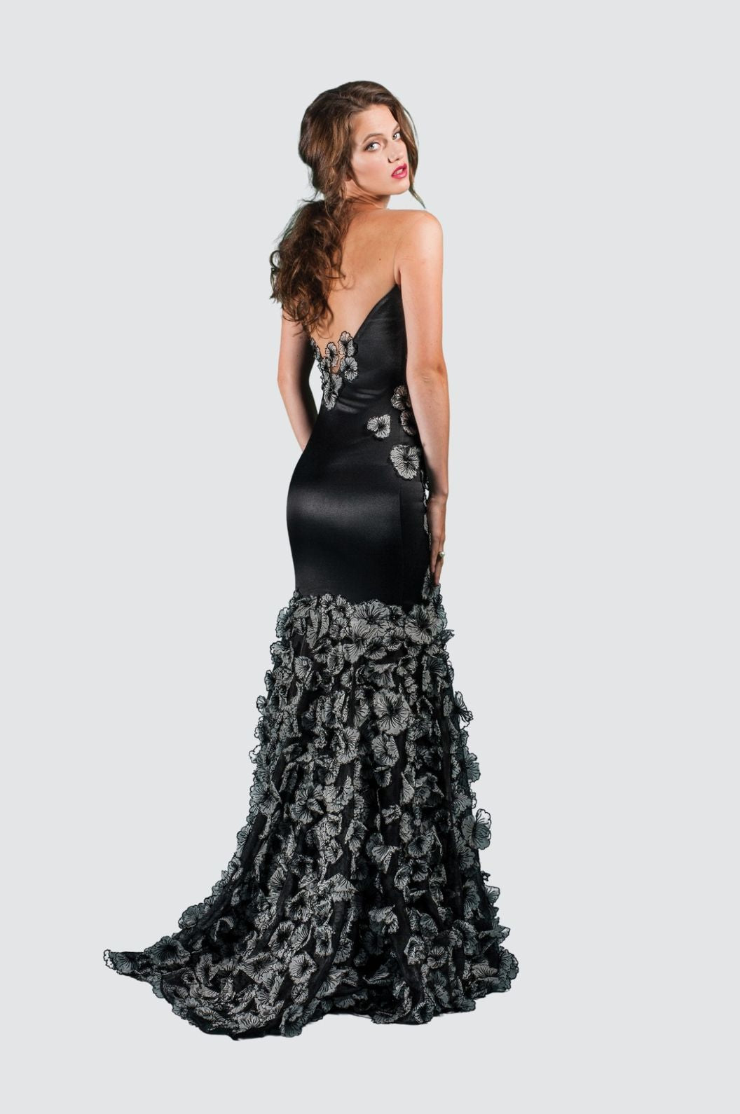 Strapless Black Satin Gown with 3D Embroidered Floral Train