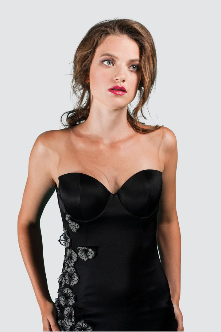 Strapless Black Satin Gown with 3D Embroidered Floral Train