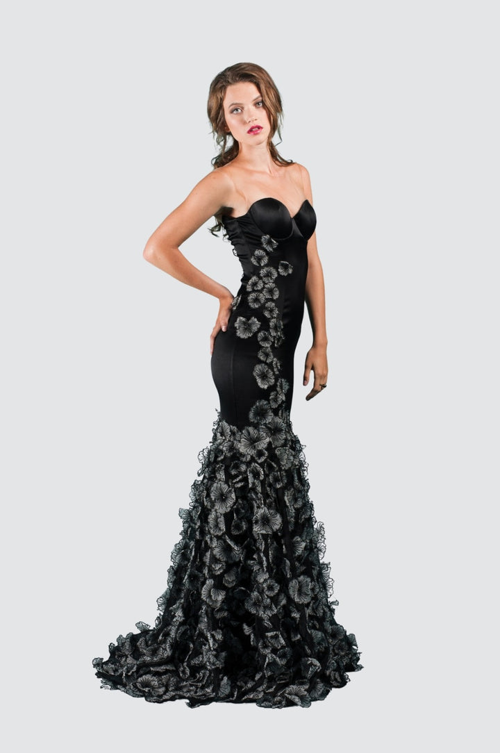 Strapless Black Satin Gown with 3D Embroidered Floral Train