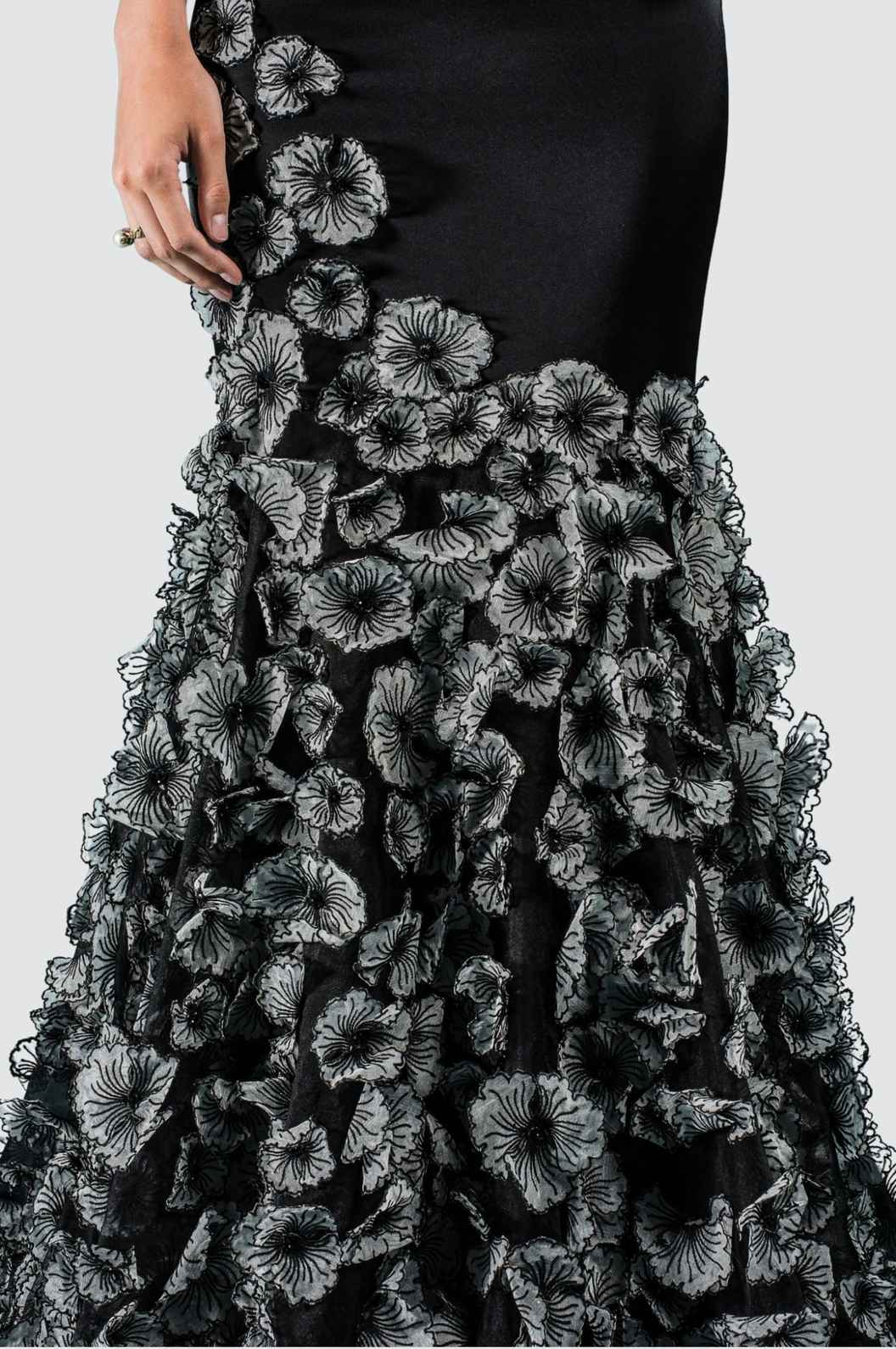 Strapless Black Satin Gown with 3D Embroidered Floral Train