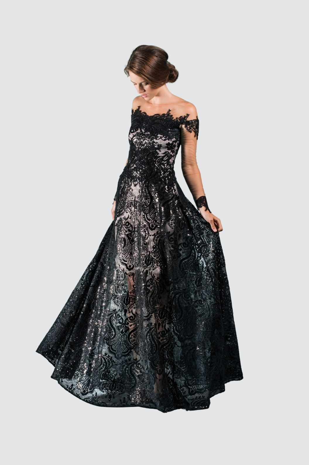 Off-Shoulder Sequin Lace Evening Gown