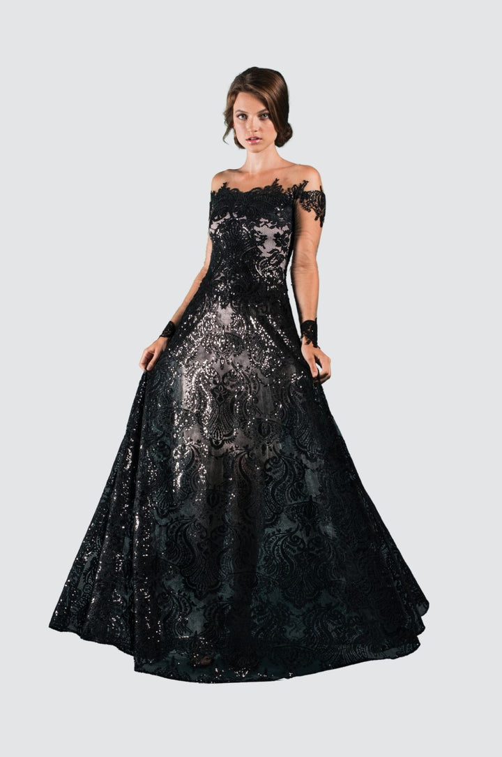 Off-Shoulder Sequin Lace Evening Gown