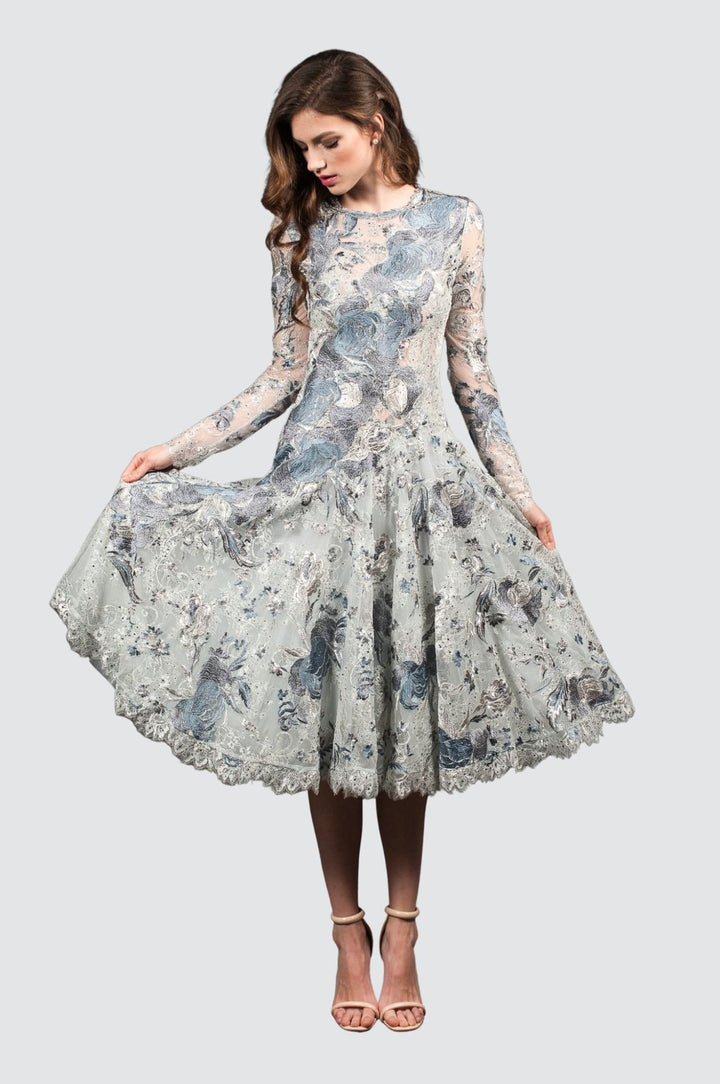 Silver Grey Embroidered Midi Dress