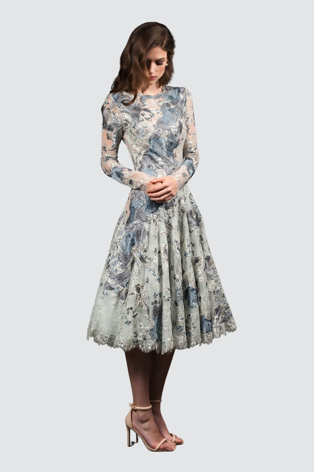 Silver Grey Embroidered Midi Dress