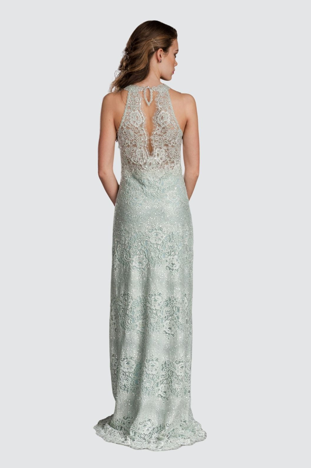 Embroidered Sequin Halter Gown