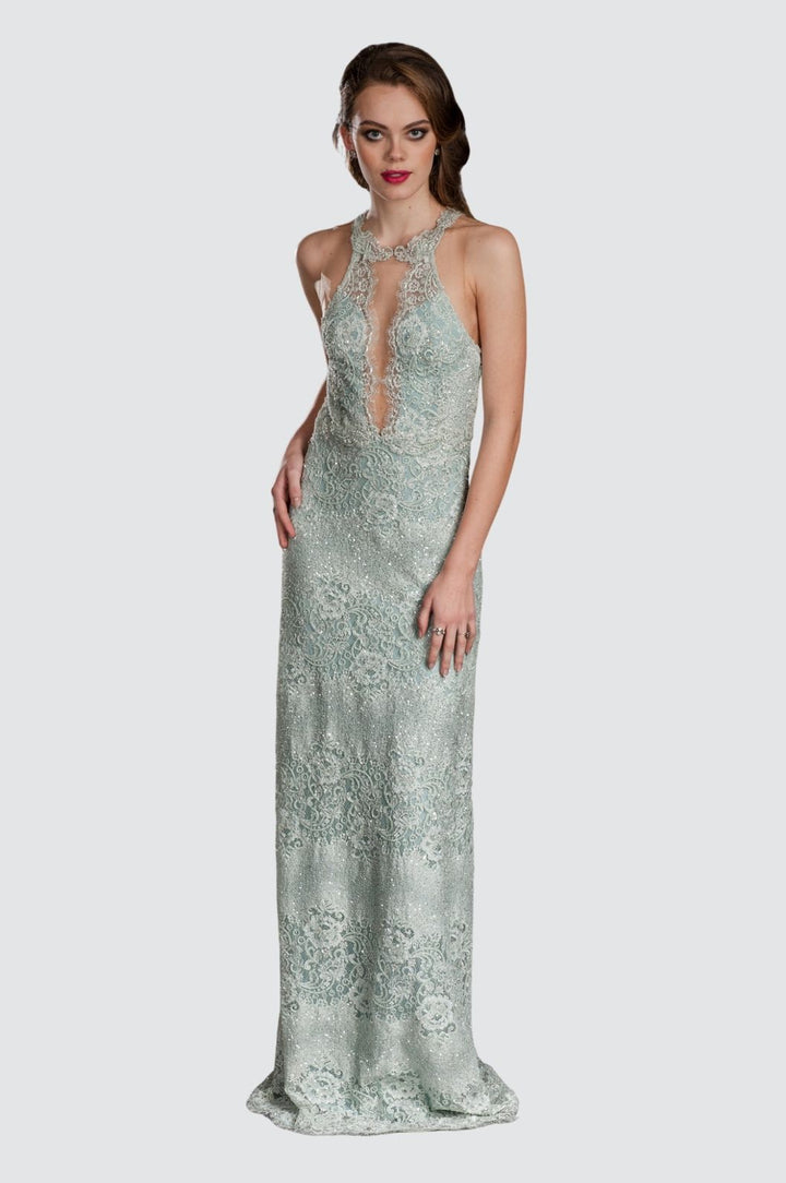 Embroidered Sequin Halter Gown