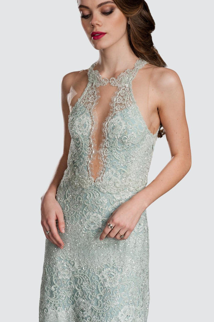 Embroidered Sequin Halter Gown