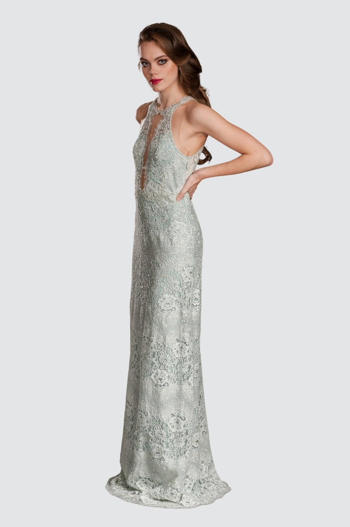 Embroidered Sequin Halter Gown