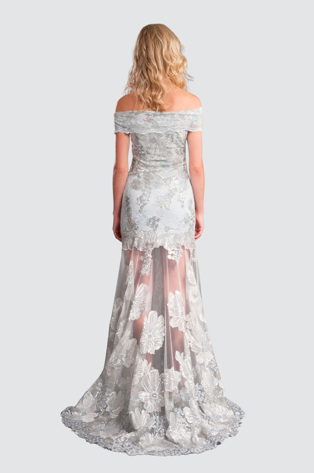 Off-Shoulder Silver Lace Gown