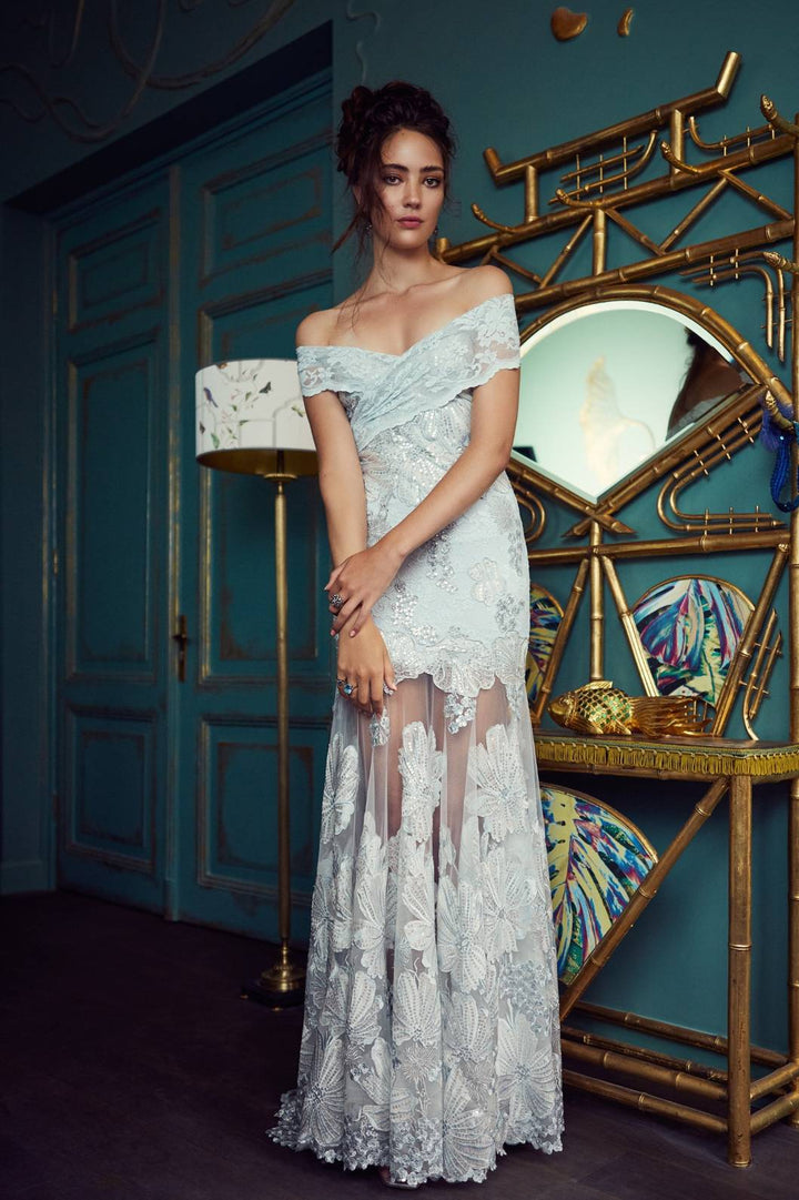 Off-Shoulder Silver Lace Gown