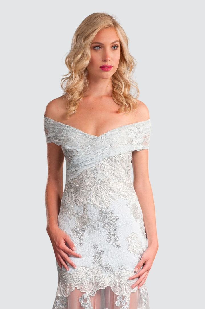 Off-Shoulder Silver Lace Gown