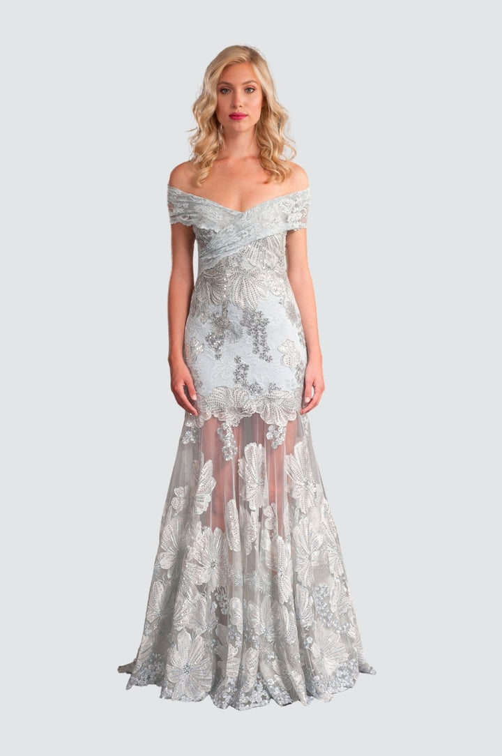 Off-Shoulder Silver Lace Gown