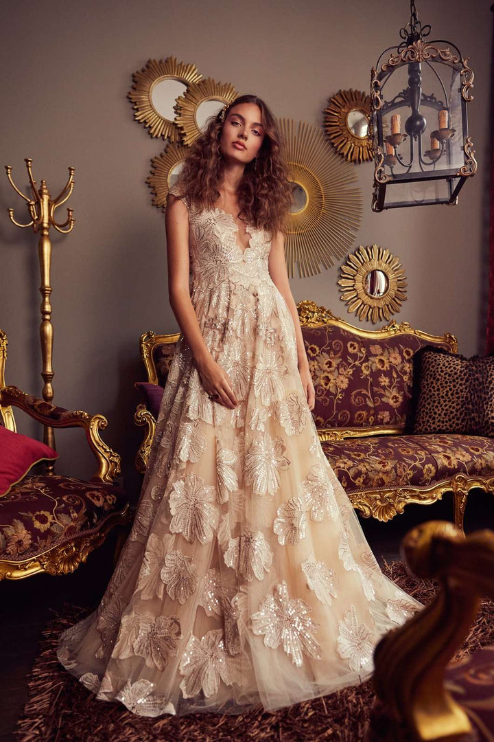 Embroidered Tulle Gown with 3D Floral Appliqué