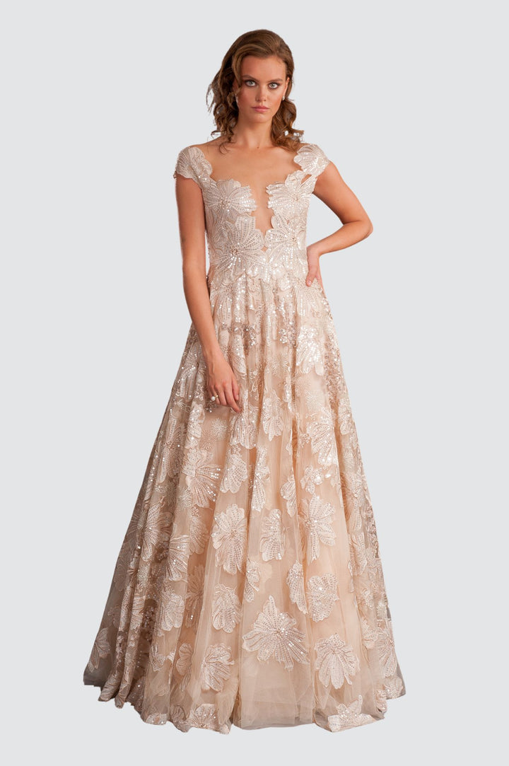 Embroidered Tulle Gown with 3D Floral Appliqué