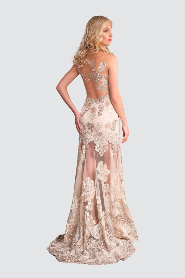 Elegant Lace Gown with Floral Embroidery