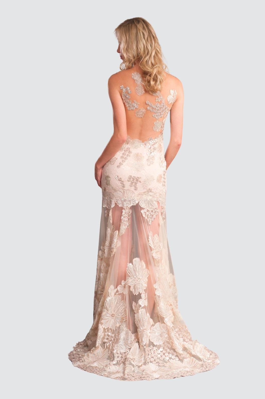 Elegant Lace Gown with Floral Embroidery