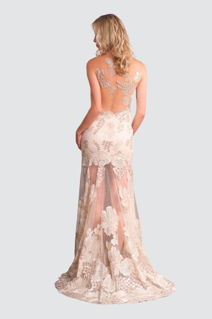 Elegant Lace Gown with Floral Embroidery